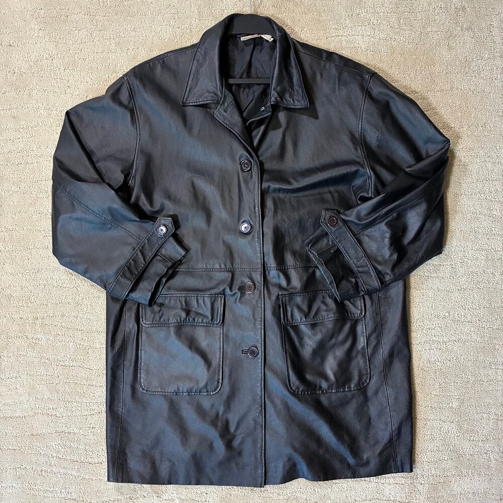 Vintage 90s Women XL Black Soft Leather Long Minimalist Coat Indie Sleaze